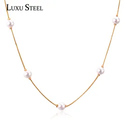 LUXUSTEEL Beadded Necklaces Snake Chain White/Black Imitation Pearl Pendant Necklace Fashion Jewelry For Women/Girl Necklace