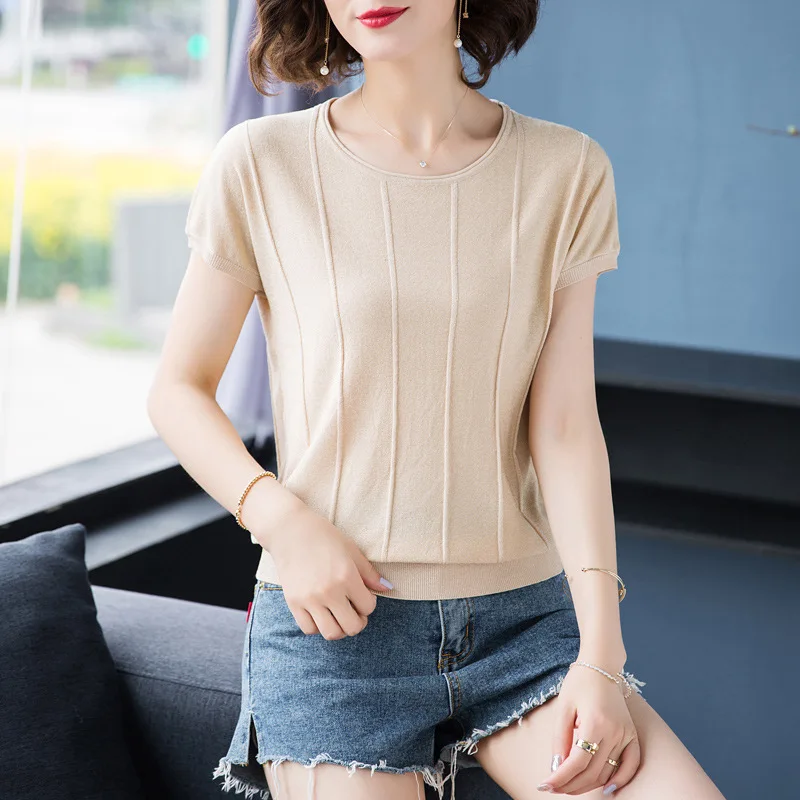 

Summer Short Sleeve Women T-shirt Round Collar Slim Solid Color Ice Hemp Female Casual Knitted Bottom T-shirts Top Clothes H9222