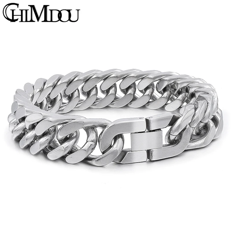 Stainless Steel Men Bracelet 15mm/17mm/20mm Heavy Cuban Chain Biker Jewelry 2018 New Style Good Quality