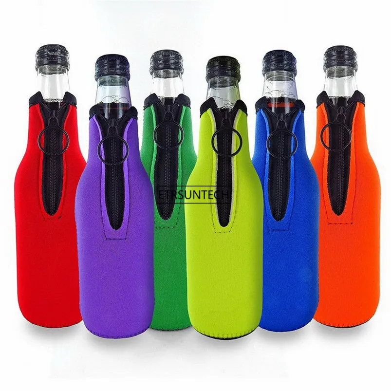 6pcs Beer Bottle Cooler Sleeves with Ring Zipper Collapsible Neoprene Insulators for 12oz 330ml Bottles Party Drink Coolies