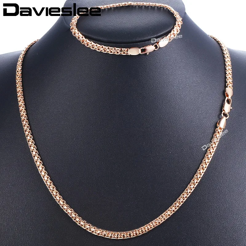 Davieslee 5mm Women\'s Necklace Bracelet Jewelry Set Braided Weaving Bismark Link 585 Rose Gold Color LGS275