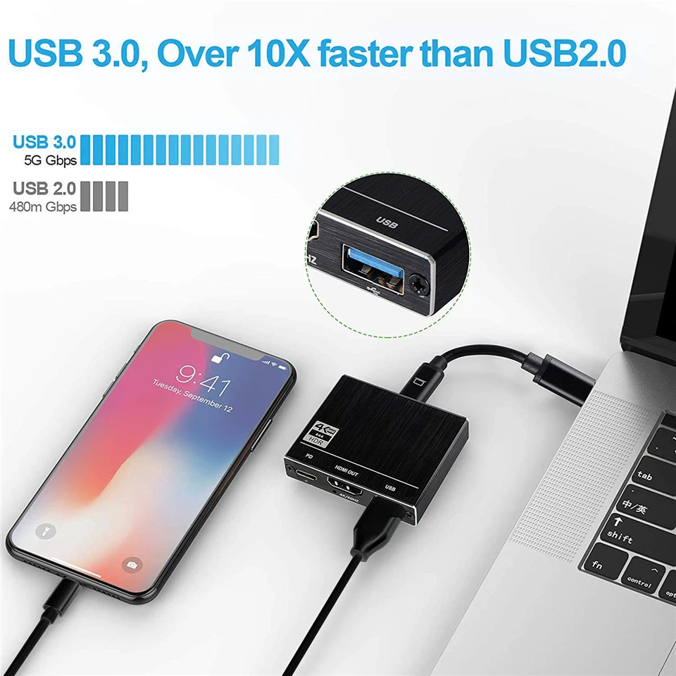 USB-концентратор 3 в 1, USB C 2020, HDMI 4K @ 60 Гц, порт USB 3,1, 3,0 Вт