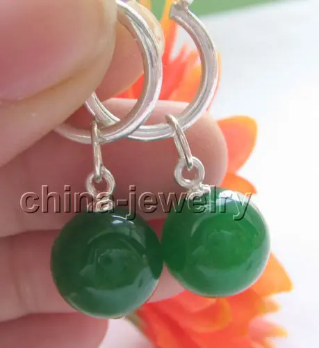 

12mm perfect round green earring - 925 silver hoop ^^@^NEW style Fine jewe Noble Natural FREE SHIPPING