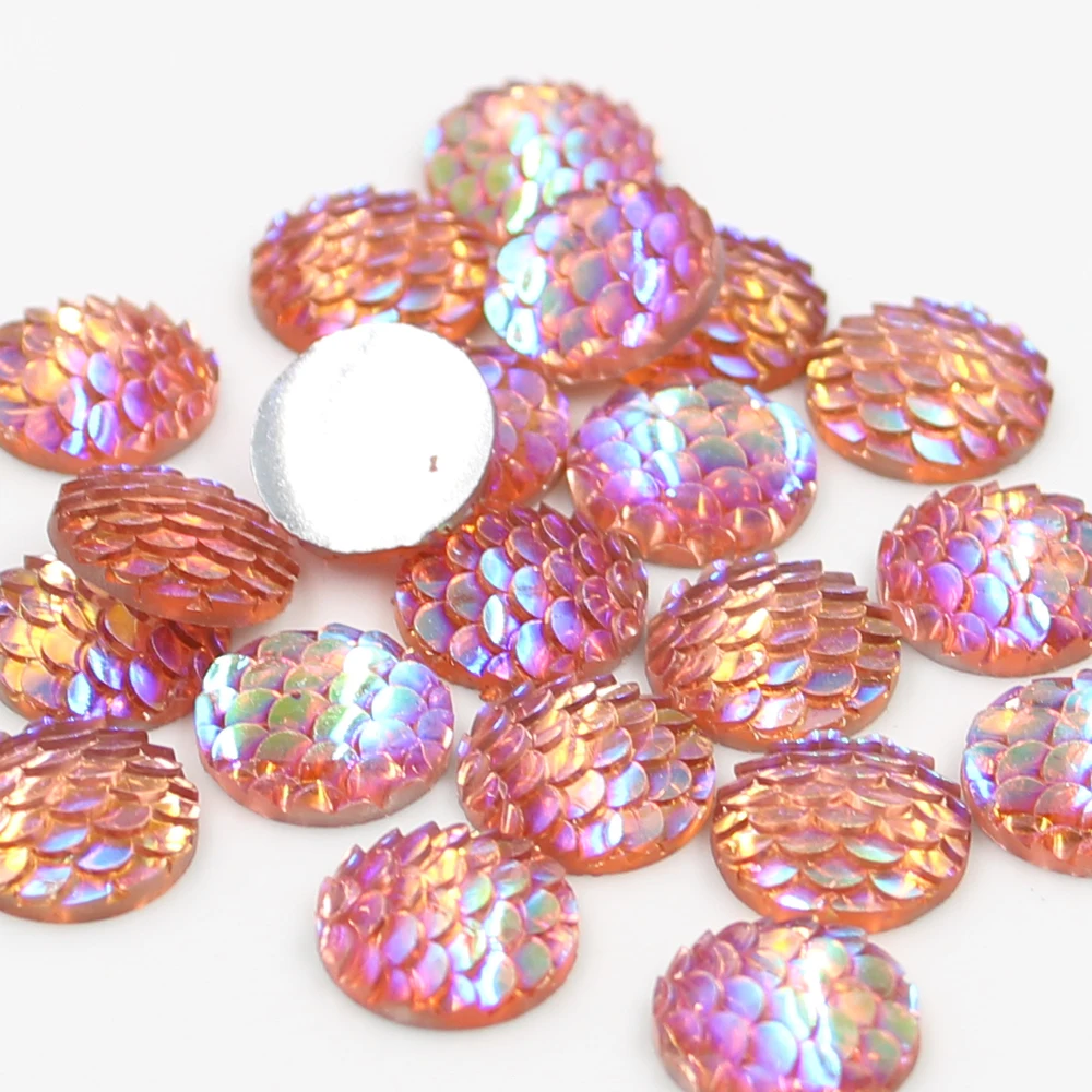 New Fashion 50pcs 12mm Mix Colors Mermaid Fish Scale Style Flat Back Resin Cabochons For Bracelet Earrings Patch Accessories