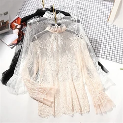 Women Floral Embroidery Mesh Lace Blouses Shirt Women tops Sexy Blouses See-through Hollow Flare Long Sleeve Base Shirt Blouse