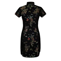 Lady Vintage Dragon&Phoenix Short Qipao Elegant Women Cheongsam Mandarin Collar Sexy Mini Chinese Dress Vestidos Oversize 6XL