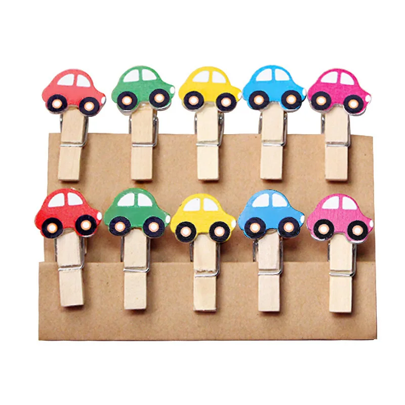 10pcs 35x7mm DIY Cartoon car Wood Clothes Pegs Clothespin Clips Office Party Decoration Accessories Photo Hanging Pegs