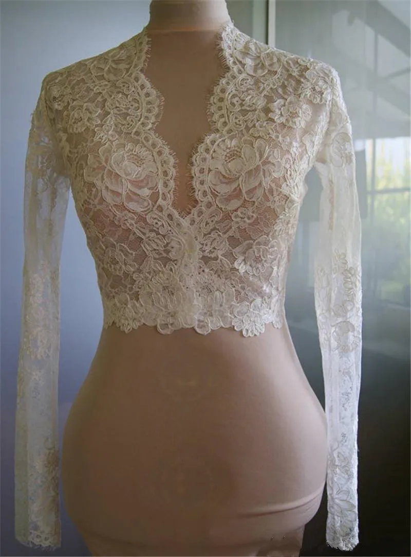 Mini bolero de noiva, cristais de renda, bainha para pescoço em v, manga longa, casamento, jaqueta de noiva