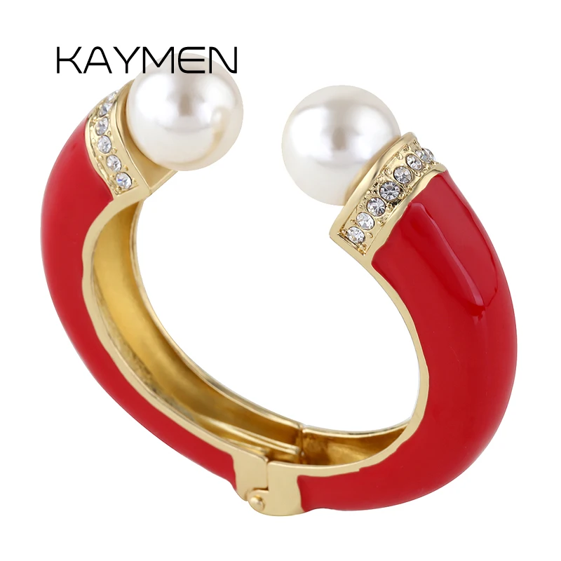 KAYMEN New Fashion Women 9 Colors Double Imitation Pearls and Rhinestones Enamels Bracelet Statement Bangle BR-03155 wholesale