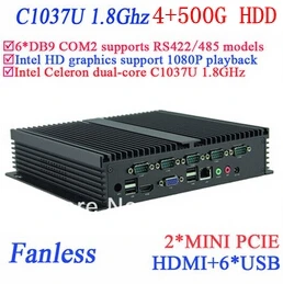 Industriale ipc box 4g di ram 500g hdd mini pc fanless intel  Celeron c1037u 1.8 ghz vga hdmi rj45 usb 6 * com di windows linux