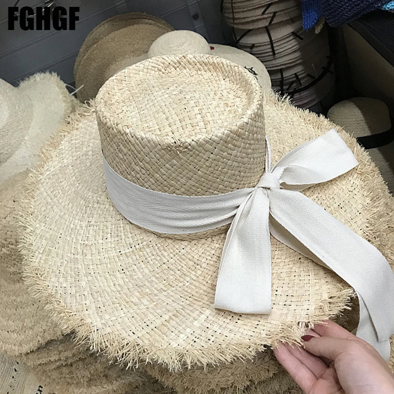 Natural Women Sun Hat Raffia Long Black Beige Ribbon Tie Sun Beach Hat Ladies Fringed Wide Brim Straw Hat Summer Travel Hat Cap