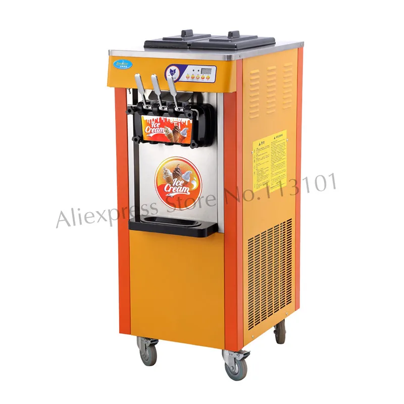 Commercial Soft Ice Cream Machine Snack Bar Soft Serve Equipment Stainless Steel Three Heads Upright Type with Universal Wheels