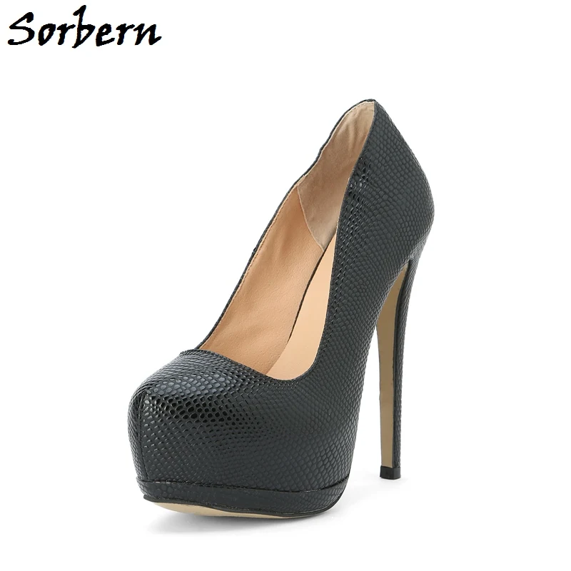 

Sorbern Black Snakeskin Patent Leather Pumps High Heels Women Shoes Platform Slip-On Stilettos Spring Ladies Pumps Plus Size 10