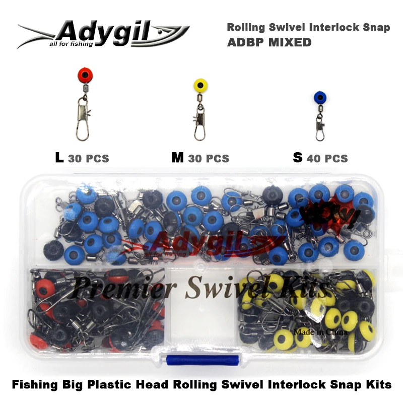 Adygil Fishing Big Plastic Head Rolling Swivel With Interlock Snap Kits ADBP MIXED L M S 100pcs/lot