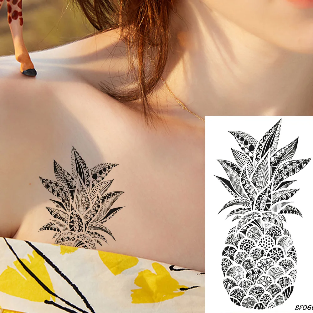 Picture: VANKIRS Cute Pineapple Tattoo Stickers Fake Black Women Henna Totem Temporary Tattoo Indians Body Arm Girls 3D Waterproof Tatoos
