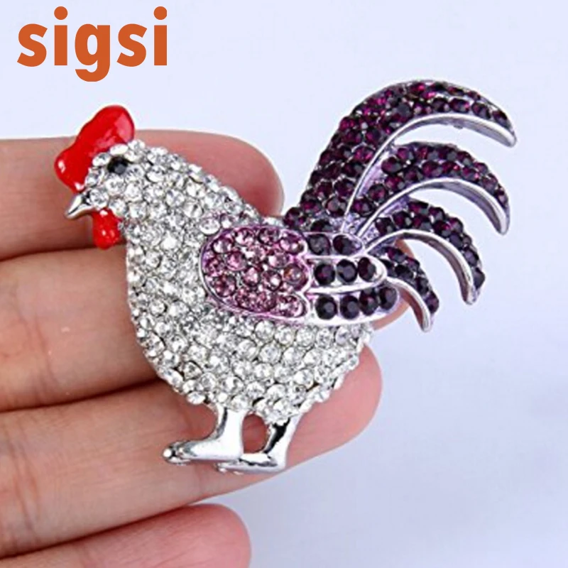 Silver -Tone Women's Purple Crystal Enamel Party Lovely Morning Rooster  Cock Animal Accessory Brooch