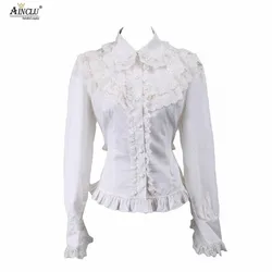 Ainclu Womens S To XXL High Quality Hot Selling Breathable White Ruffled Trim Long Sleeves Cotton Lolita Blouse for Party
