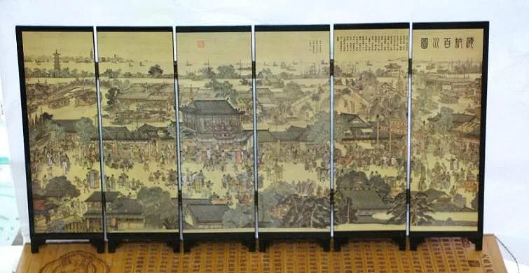 Art Classical Chinese Lacquer Handwork Painting All rivers run into sea Auspicious Screen Decor