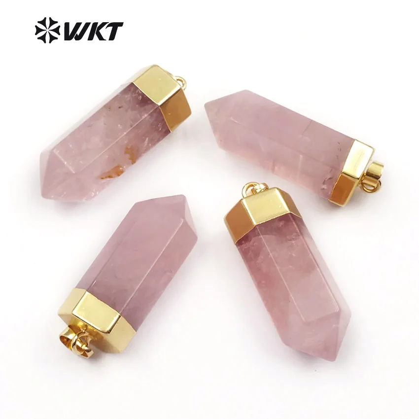 WT-P1412 WKT Charming women jewelry pink color stone pendants with gold metal electroplated tower point pendants