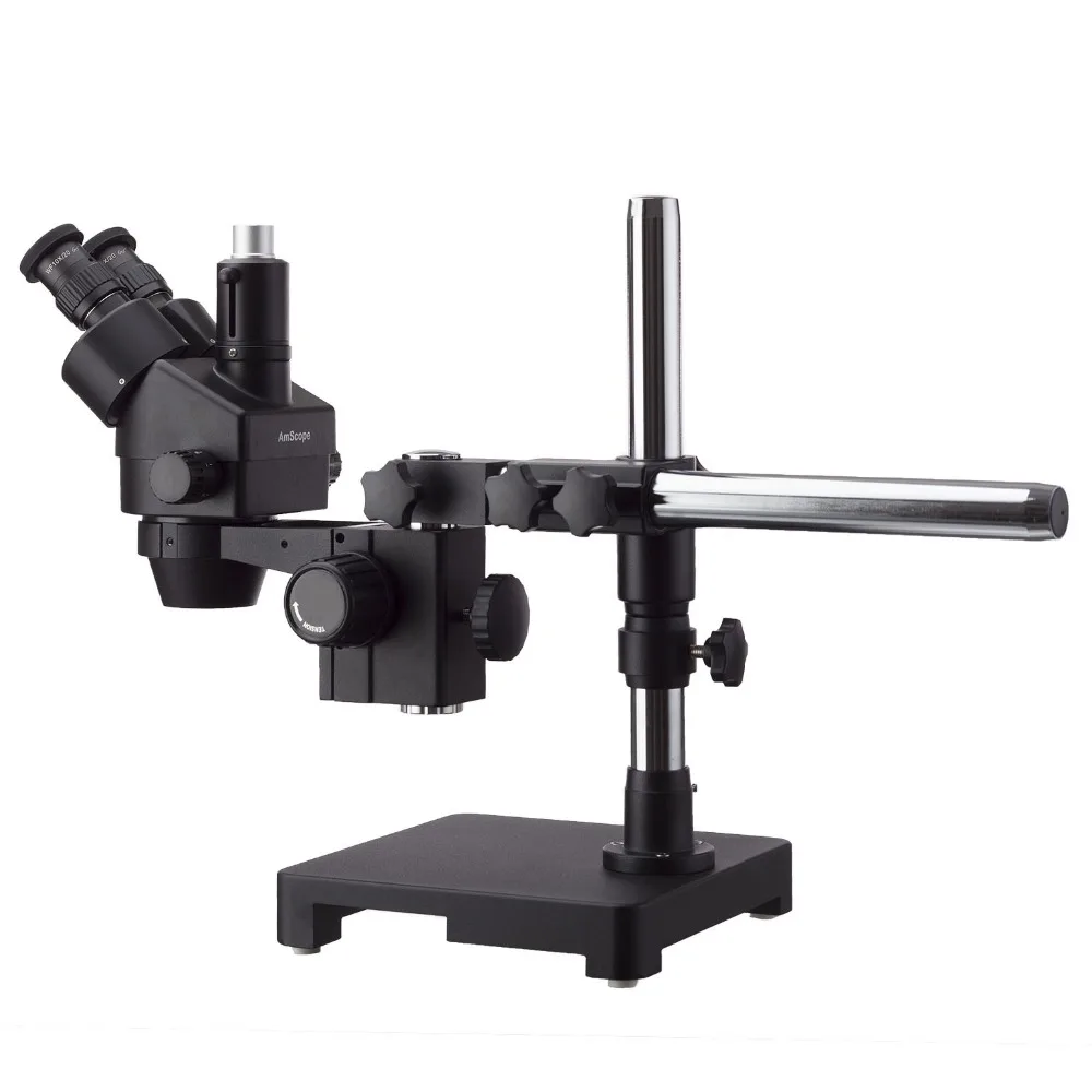 AmScope 7X-45X Black Trinocular Stereo Zoom Microscope on Single Arm Boom Stand SM-3T-B