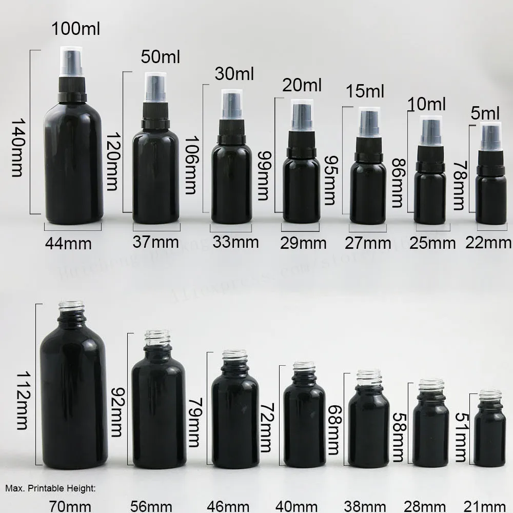 200 x Refillable 100ml 50ml 30ml 15ml 10ml Paint Black Glass Perfume Bottle With  Plastic Mist Sprayer