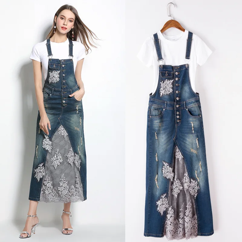 TIYIHAILEY Free Shipping New Summer Denim And Gauze Suspenders Full Dress Twinset With White Tops S-2XL Beaded Embroidery Dress