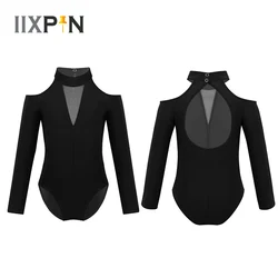 IIXPIN-Collant de balé para meninas, mangas compridas, pescoço simulado, costas recortadas, macacão de ginástica, macacão infantil