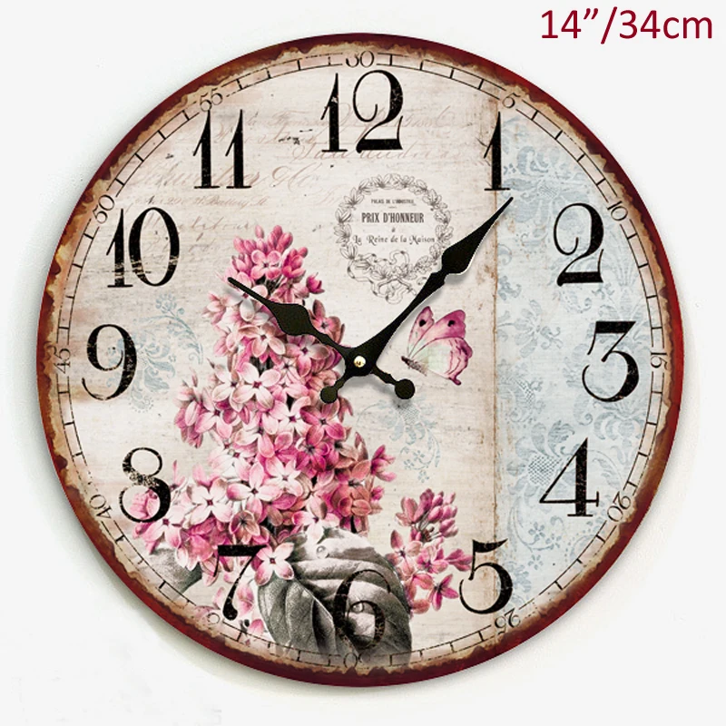 

Antique France Provence Accents Branch Flower With Butterfly Design 14 Inches Round Home Decor MDF Wall Clock