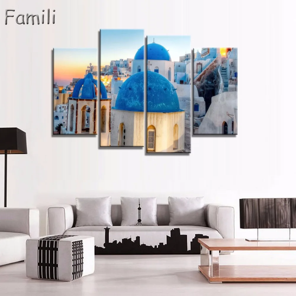 Home decoration 4 Pieces no frame picture decoration Canvas Prints Santorini island scenery farm highway grassland Cartoon trees