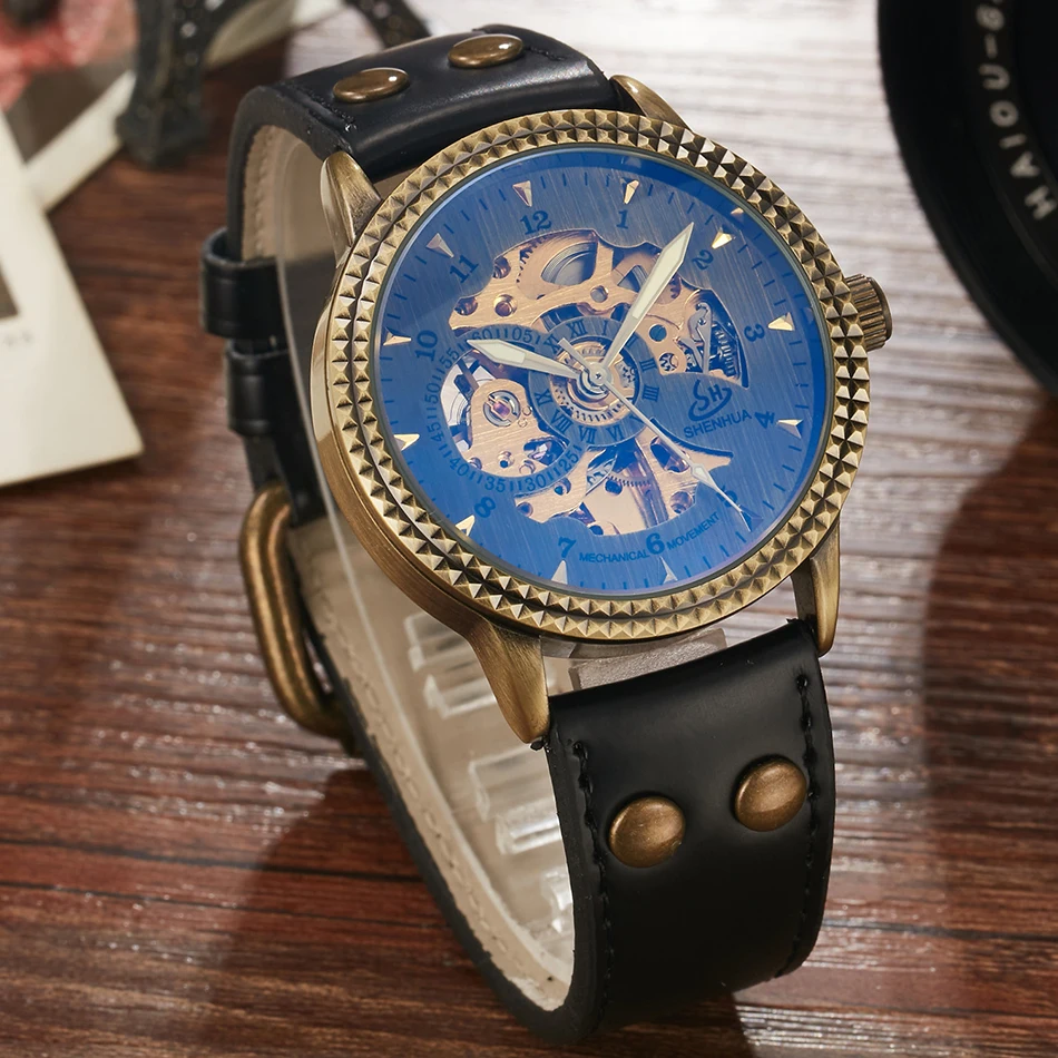 Retro Top Brand Luxury Mechanical Men Watch Leather Strap Vintage Skeleton Automatic Male Wristwatch Clock Relogio Masculino New