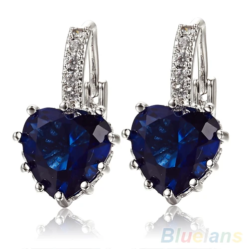 Women's  White   Blue Crystal Heart Leverback Earrings  C6Y8