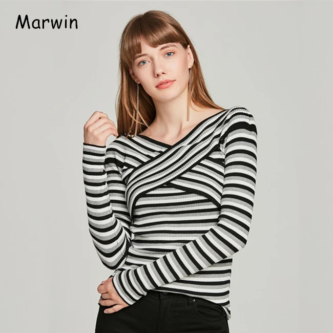 

Marwin 2019 Elegant knitted Sweaters Women jumper Casual long Sleeve Stripe Sweater Pullover Female Autumn 2018 Pull Femme Tops