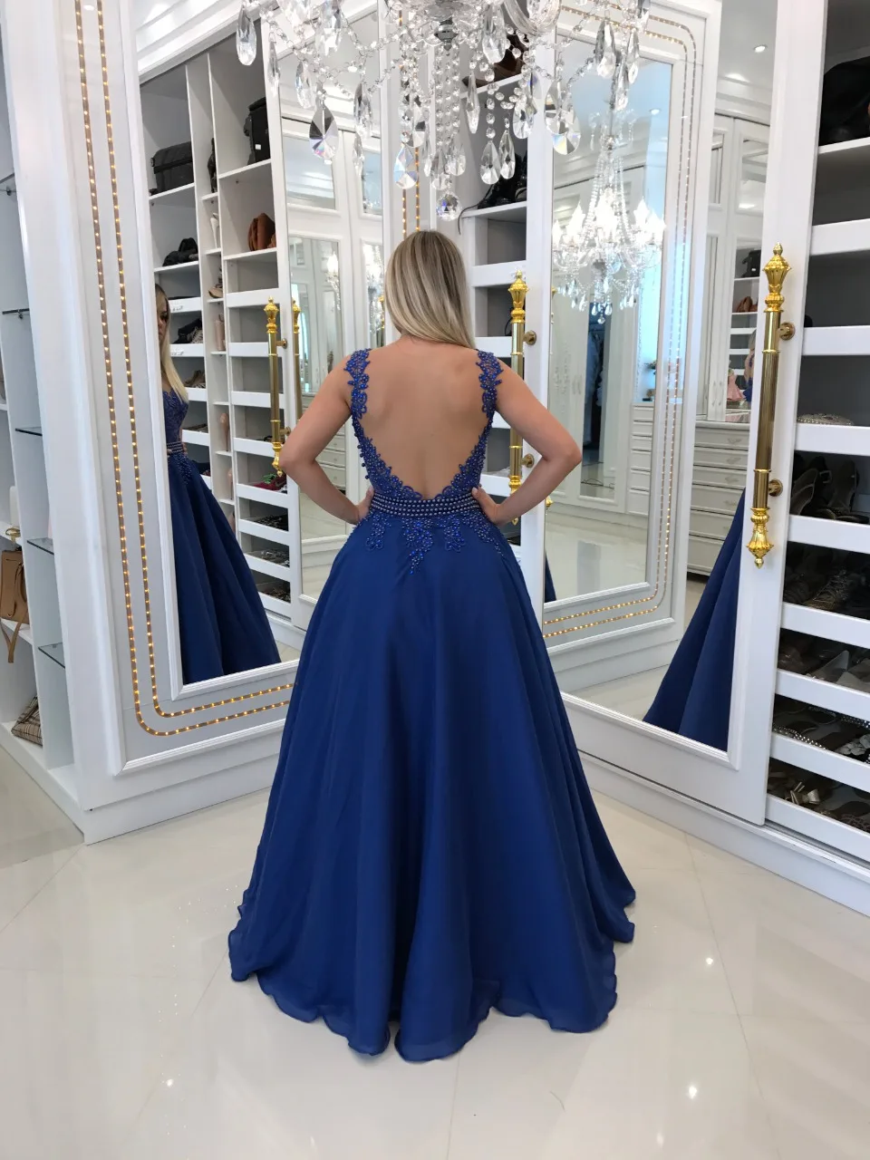 Sexy uma linha pérolas apliques de renda ilusão volta azul marinho vestido de baile 2019 com trem destacável longo vestido de festa de noite feminino