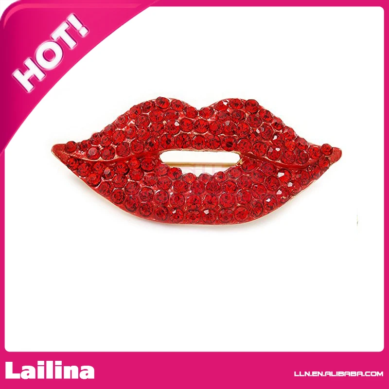 

Sparkling Red Crystal Pave Lips Brooch In Gold Tone Metal 40mm