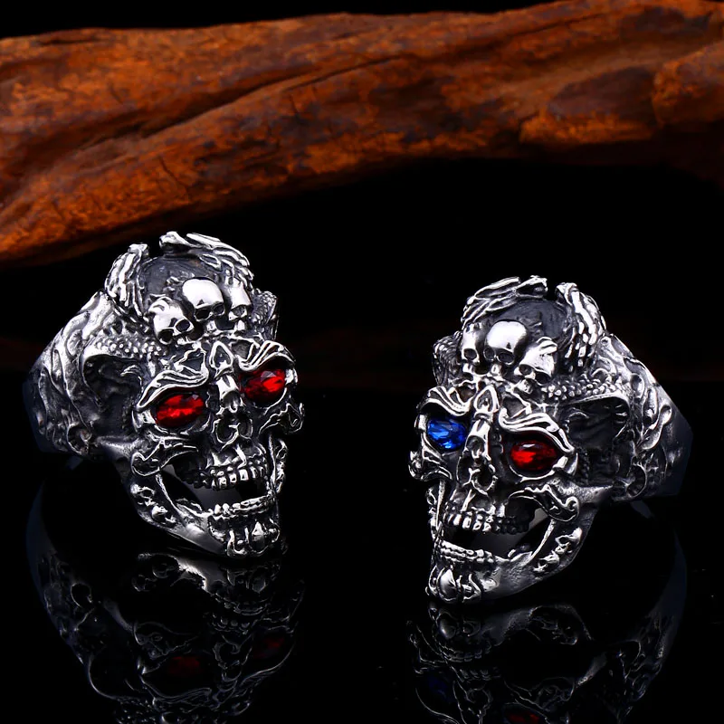 Beier 316L Stainless Steel three cool skull soul  Adjustable Dragon Rock Many Skeletons Gothic Hallowee men Ring Jewelry  LR526