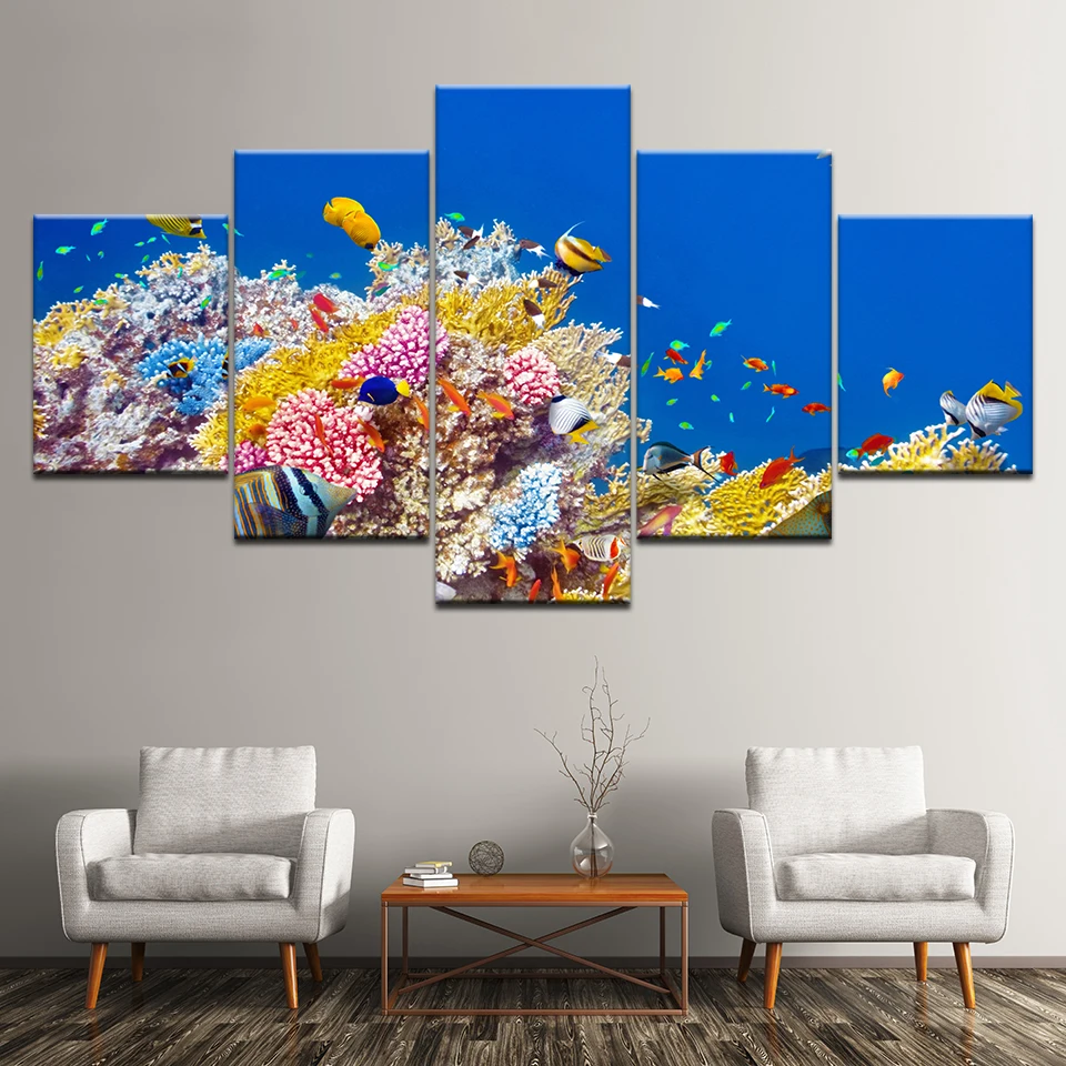 Canvas Painting Orange field coral and colorful fish 5 Pieces Wall Art Painting Modular Wallpapers Poster Print Home Decor