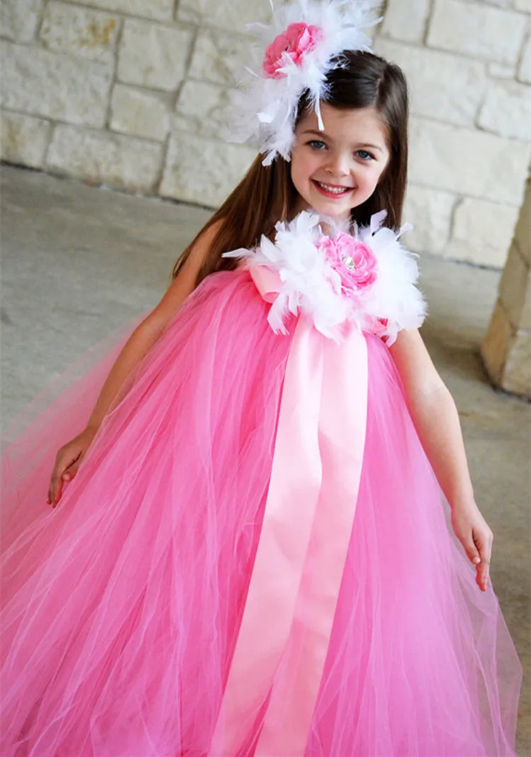 Vestido de tutú de plumas para niñas, vestido de tul de ganchillo con lazo de cinta grande y Diadema de flores, vestido de princesa para niños, novedad