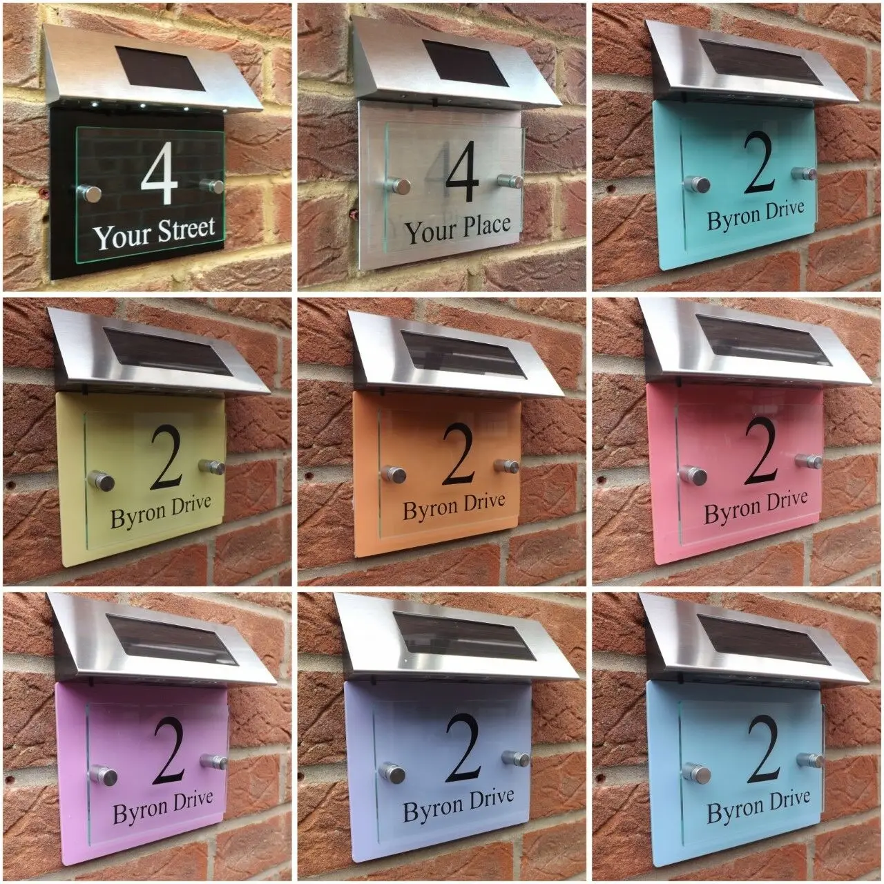 

Customize MODERN HOUSE SIGN PLAQUE DOOR NUMBER STREET GLASS PASTEL EFFECT SOLAR LIGHT