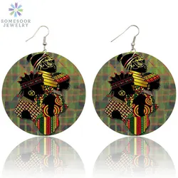 SOMESOOR Vintage African Tribal Wooden Drop Earrings Black Queen Pattern AFRO Ethnic Wood Dangle Jewelry For Women Gifts