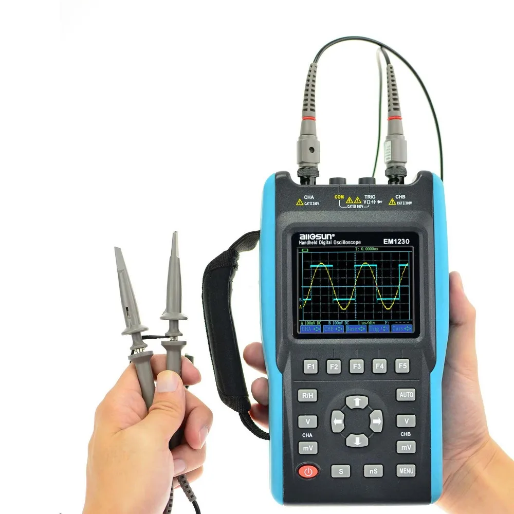 ALLOSUN 2 in1 Handheld Oscilloscope 2 Channels with Color Screen Scope Digital Multimeter DMM Meter EM1230 all-sun