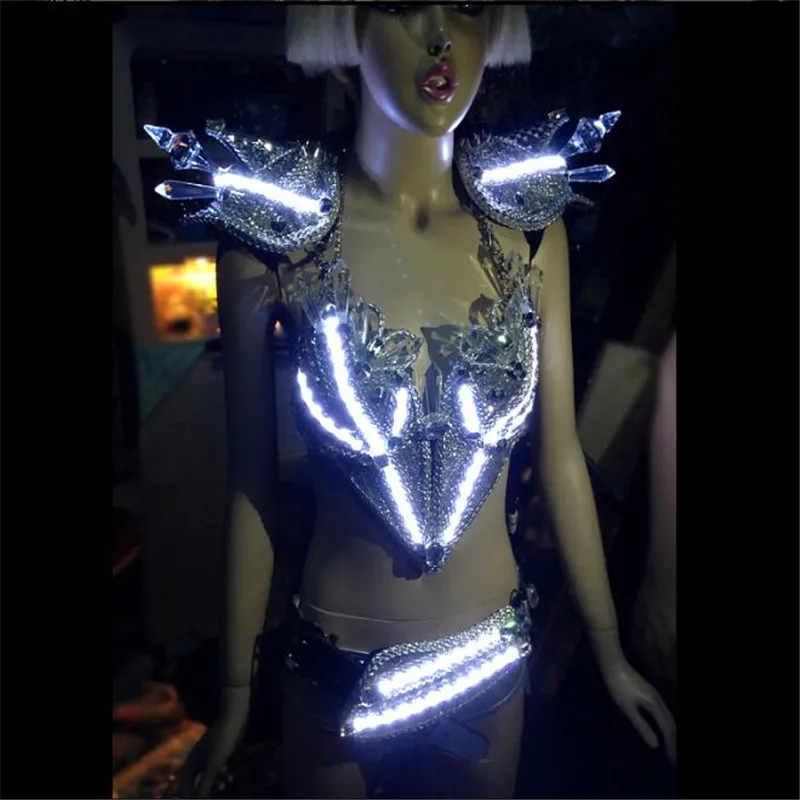 BS004 Silver women ballroom LED dancing costumes/dress/bra/suit/stage led light clothes bar catwalk cosplay dj sexy party wears