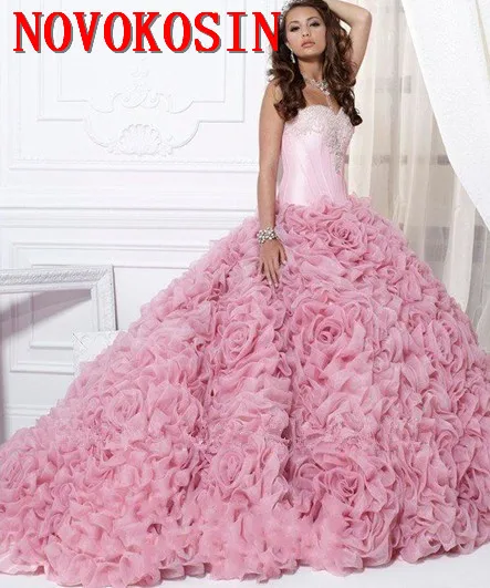 

New Pink Flower 16 Party Debutantes Gowns Puffy Tulle Crystals Sweetheart Neck Corset Back 2019 Plus Size Quinceanera Dress