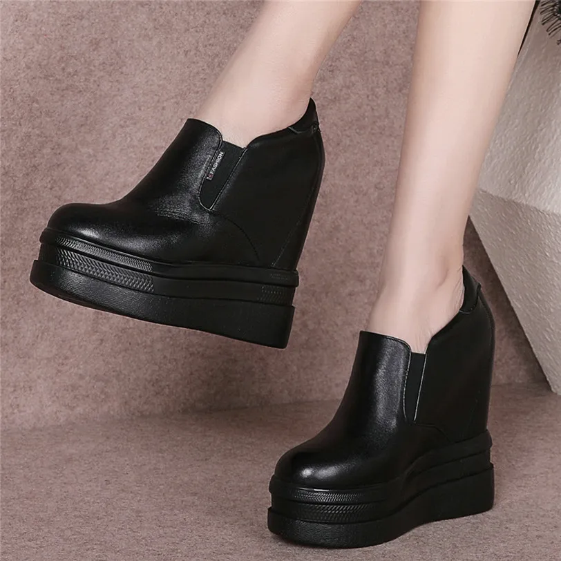 

2025 Platform Pumps Shoes Women Genuine Leather Wedges High Heel Vulcanized Shoes Female Round Toe Fashion Sneakers Casual Shoes