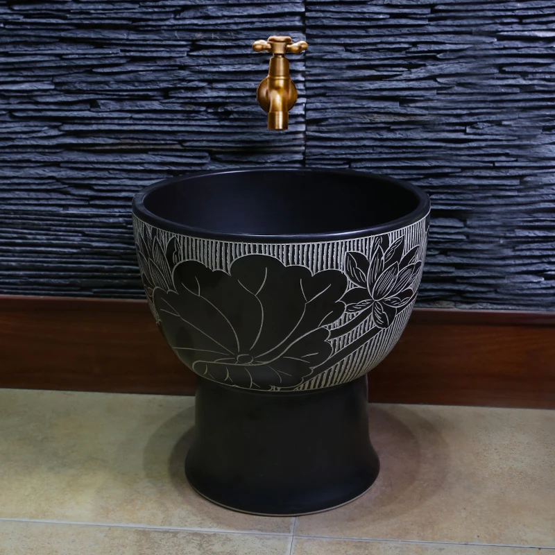 Chinese Art Mop Pool Black Retro Ceramic Wash Mop Basin Bathroom Mop Pool Terrace Mop Pool sinks porcelain