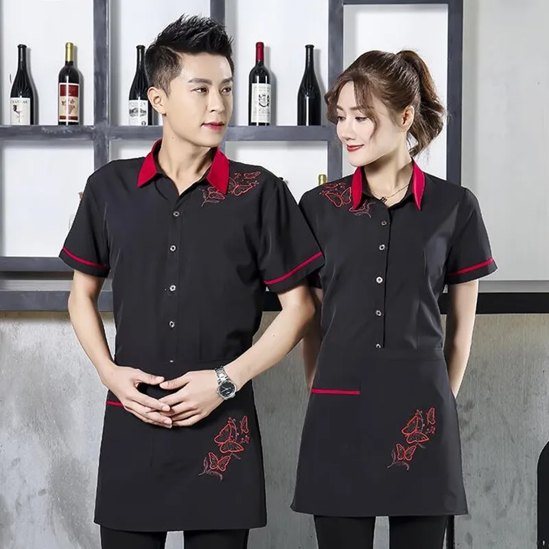 

Women Restaurant Uniform Hotel Waitress Workwear Short-sleeved Hot Pot Shop Barbecue Shops Catering Waiter Male Overalls H2255