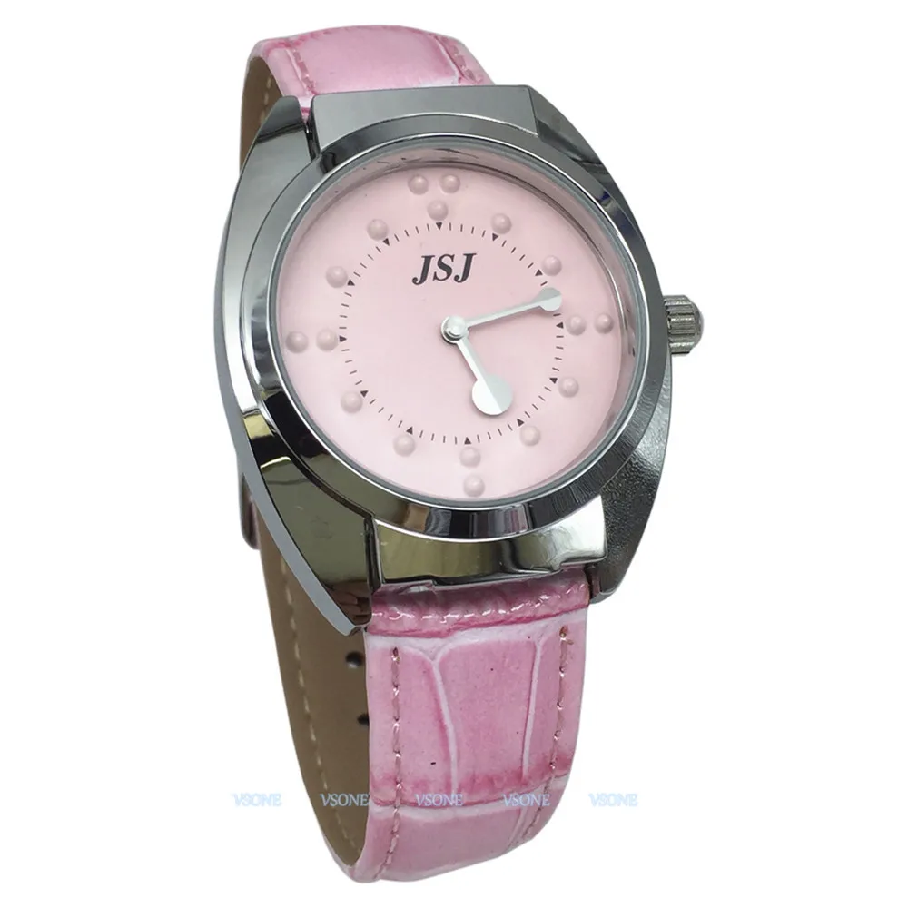 Tactile Watch for Blind People or Low Vision with Pink Leather Strap, Pink Dial