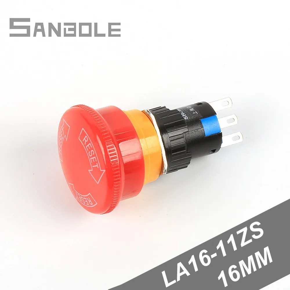 

5pcs 16mm Mushroom head Latching Self locking emergency stop push button switch LA16-11ZS Red 3 pins 1NO1NC