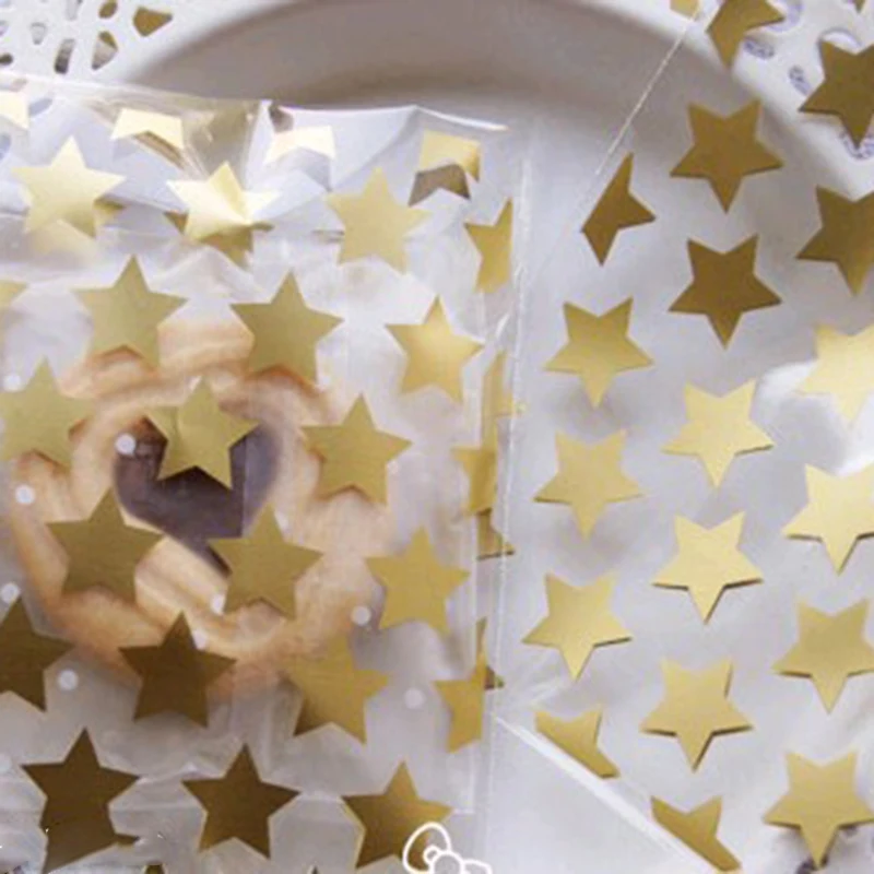 Super Cute Transparent White & Gold Star Printed Self-Adhesive Bags Candy Bag Biscuit Bag 50pcs/lot