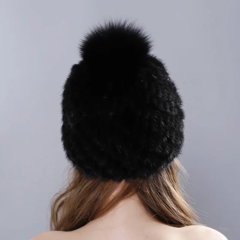 MPPM Russian Real mink fur hat for women winter knitted mink fur beanie cap fox fur pom pom hat new thick female cap