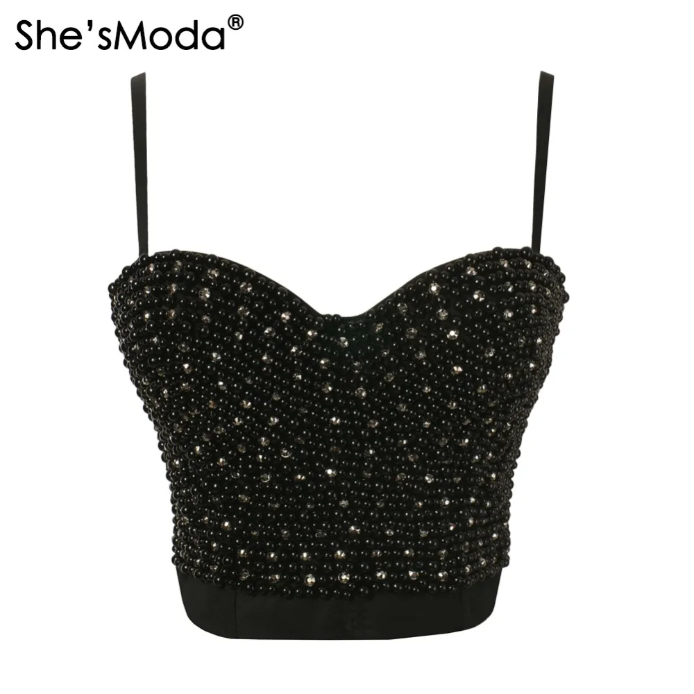 She'sModa Pearls Diamond Bead Bralette Women's Bustier Bra Cropped Top Vest Plus Size